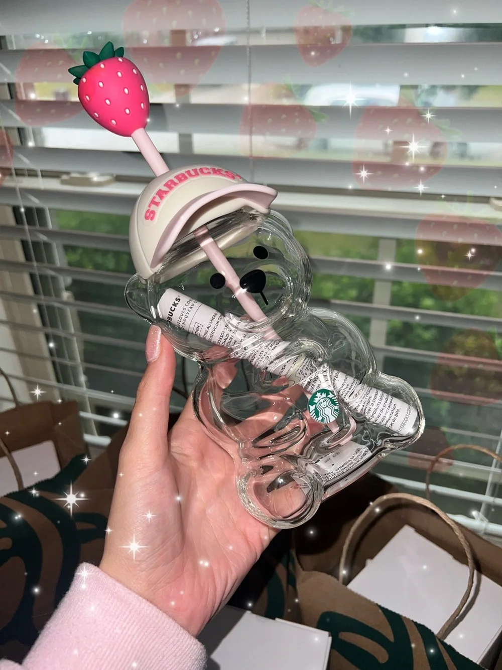 New! Starbucks Bearista Glass Tumbler + Pink Drink Strawberry Straw Topper